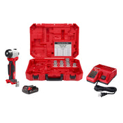 Milwaukee M18 cable stripper kit with red case containing stripper head, four metal bushings, battery, charger, and power cor