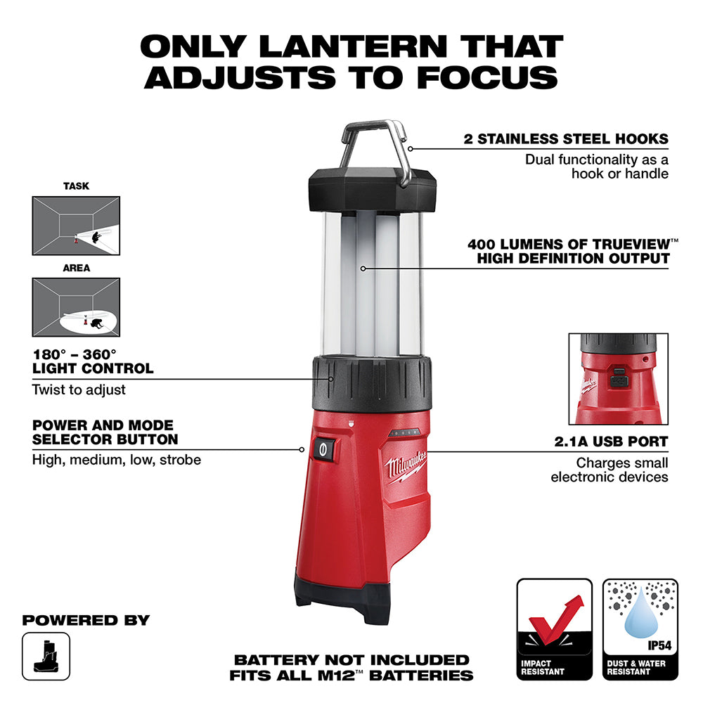 Red and black cordless LED lantern with adjustable focus, stainless steel hooks, and USB charging port.