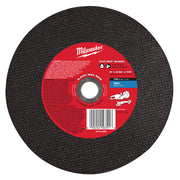 Black circular metal cut-off wheel with red Milwaukee label and white center hole.