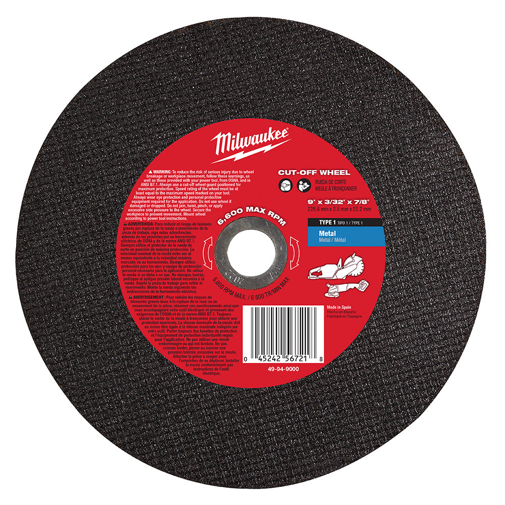 Black circular metal cut-off wheel with red Milwaukee label and white center hole.
