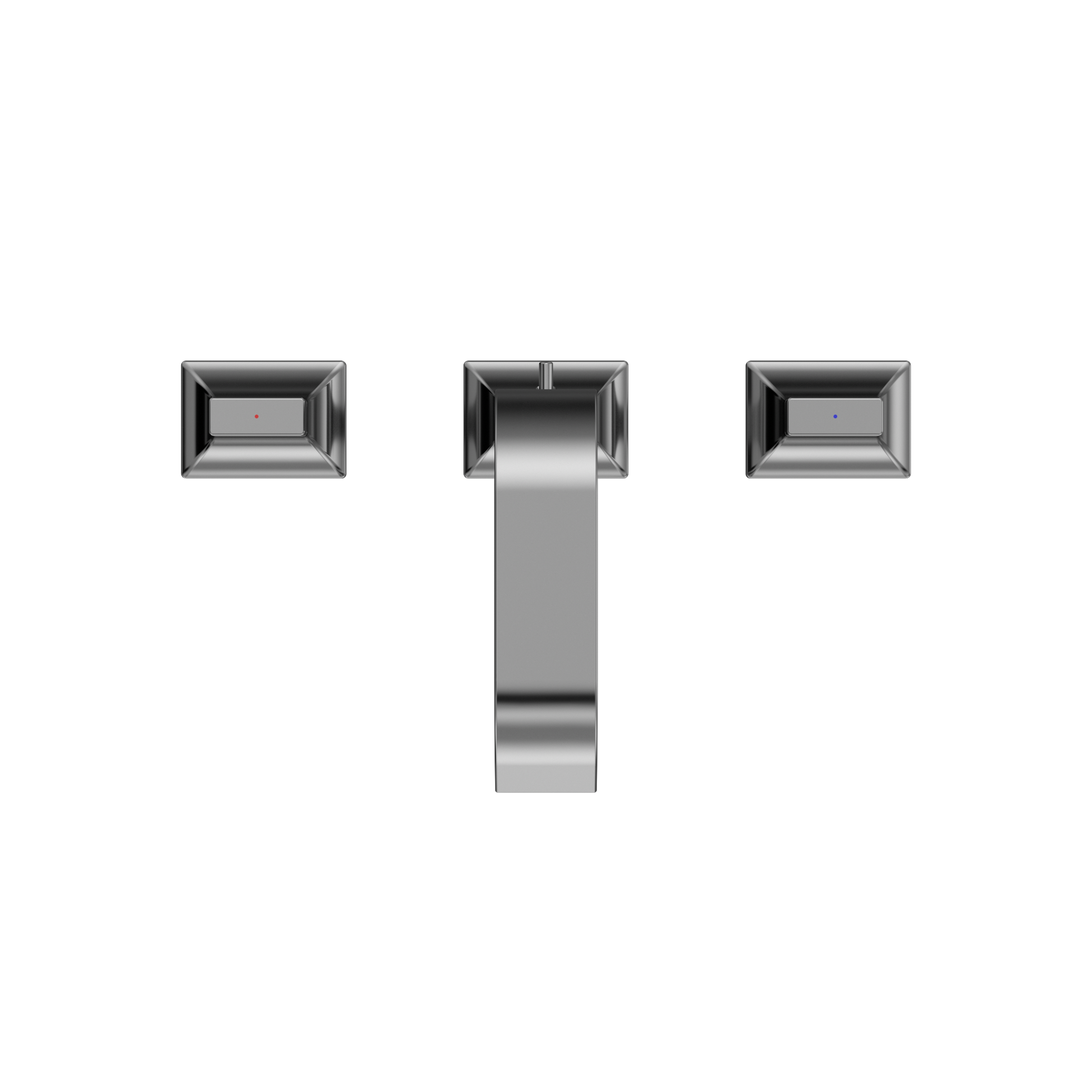 Polished chrome two-handle widespread bathroom sink faucet with rectangular handles and vertical spout.