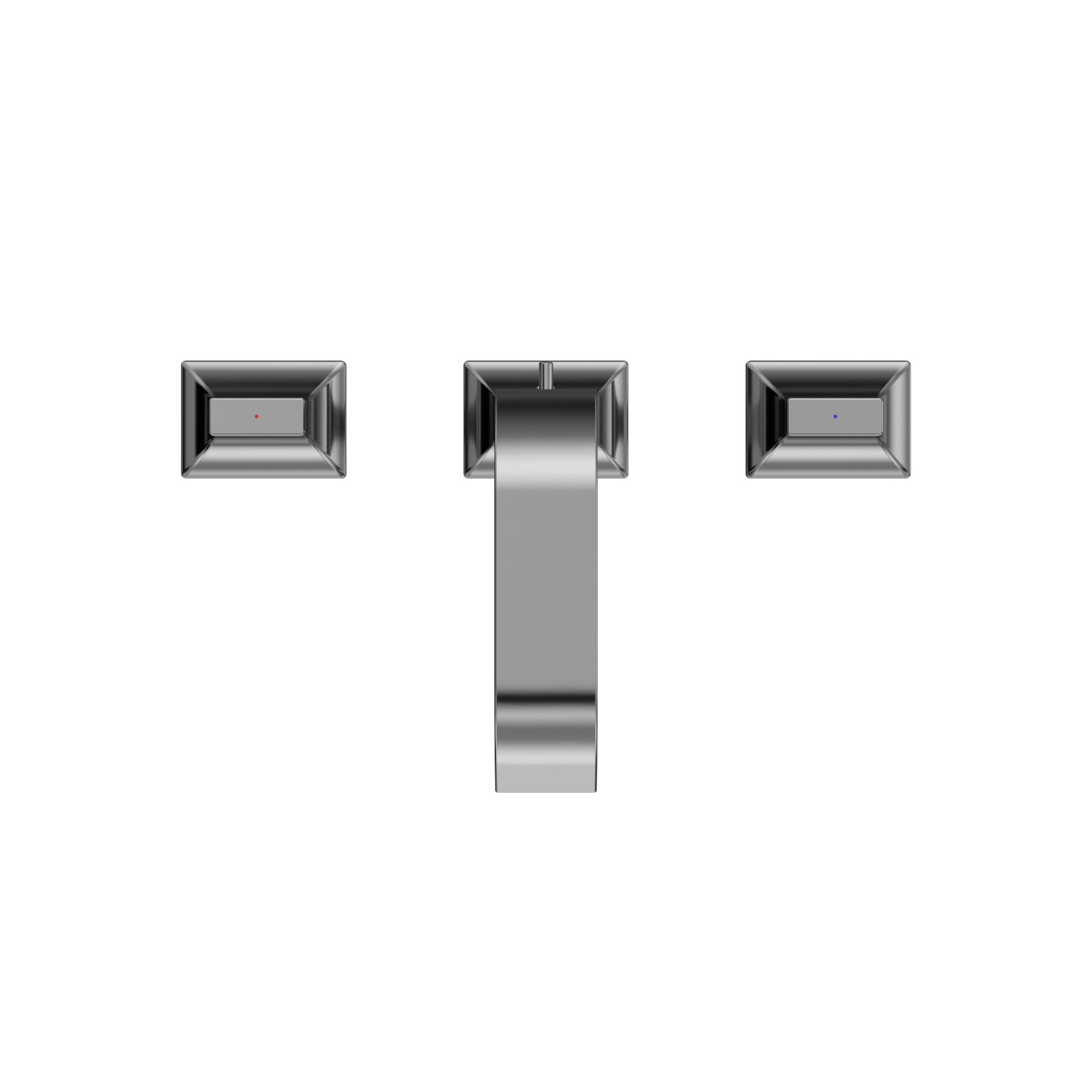 Polished chrome two-handle widespread bathroom sink faucet with rectangular handles and vertical spout.