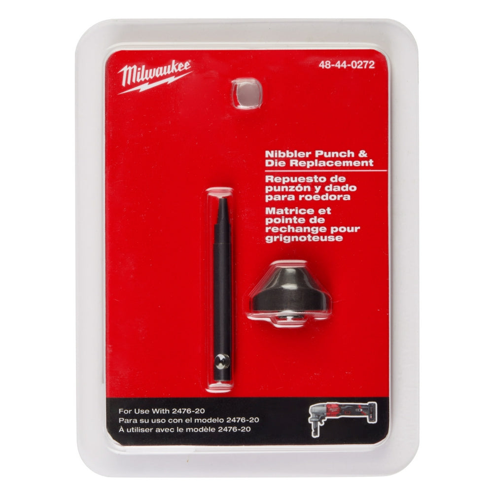 Milwaukee 48-44-0272 nibbler punch and die replacement set with metal punch and black die head on red packaging.