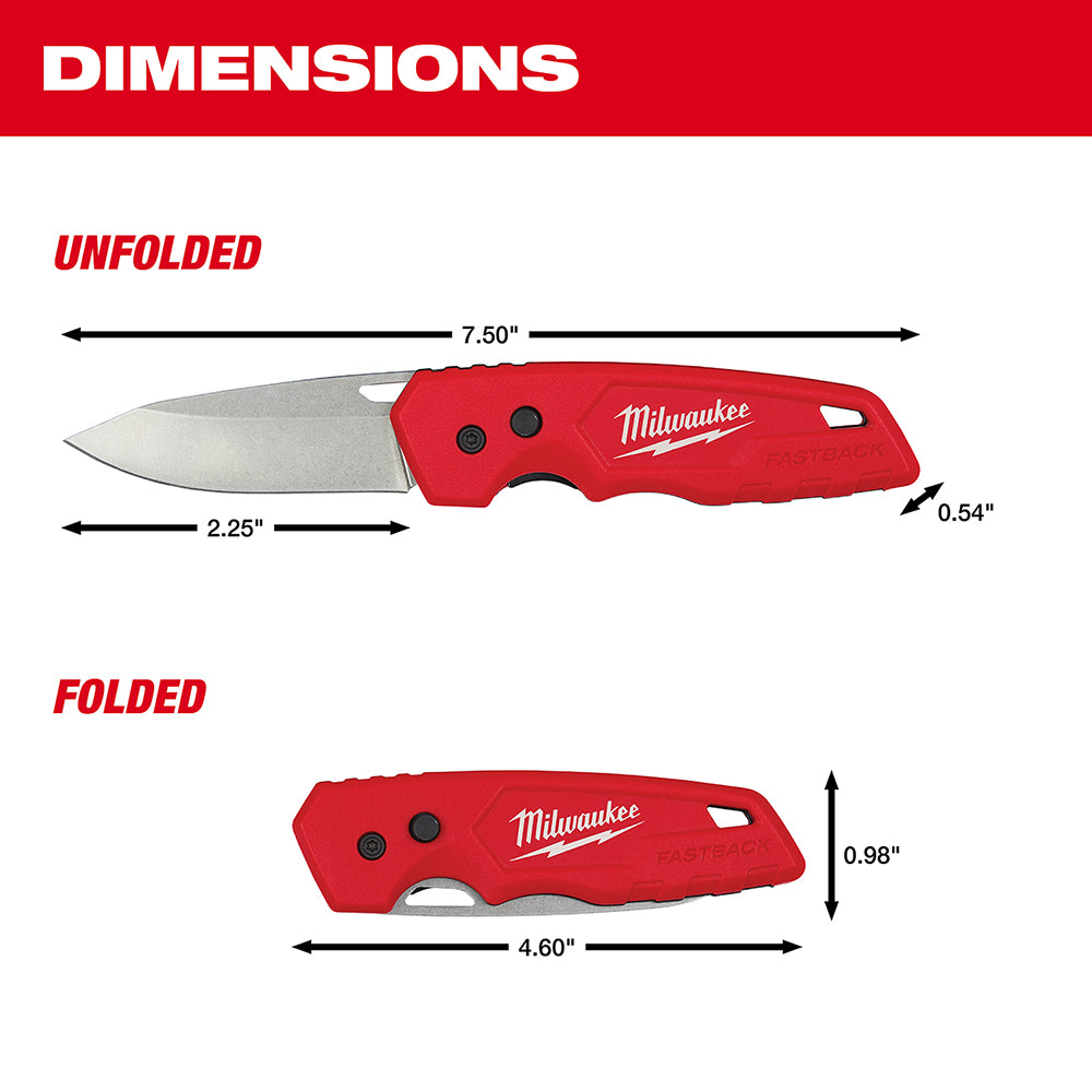 Milwaukee FASTBACK folding pocket knife with red handle shown unfolded at 7.50" length and folded at 4.60" length.