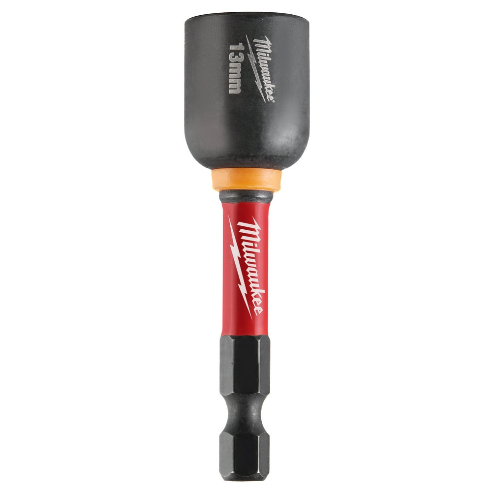 Milwaukee 13MM magnetic nut driver with black socket, orange collar, red shaft, and black impact bit.