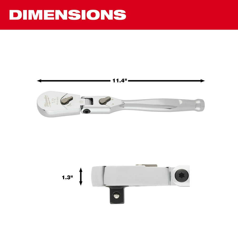 White and gray 1/2" drive torque wrench with flex head, measuring 11.4" long and 1.3" tall.