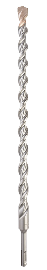 SDS-Plus two-cutter drill bit with twisted flutes, tan carbide tip, and cylindrical shank.