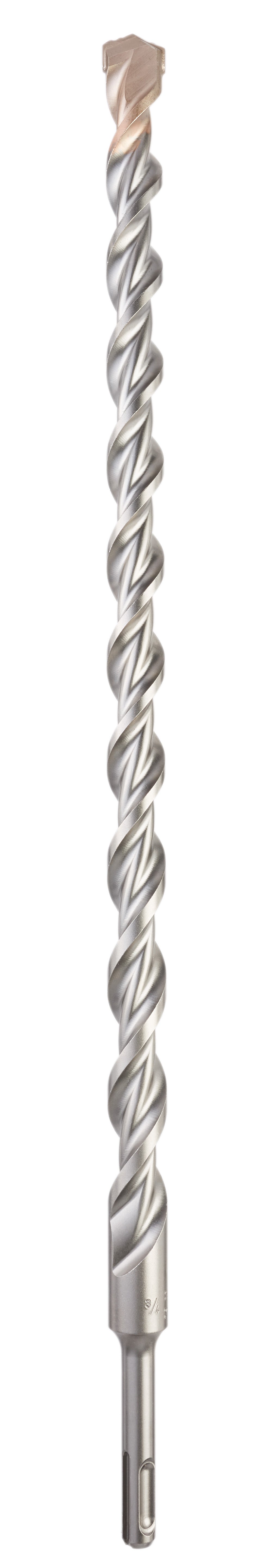 SDS-Plus two-cutter drill bit with twisted flutes, tan carbide tip, and cylindrical shank.