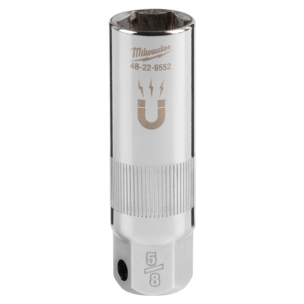 Milwaukee 3/8" drive 5/8" magnetic spark plug socket with knurled grip and model number 48-22-9552 engraved on chrome finish 