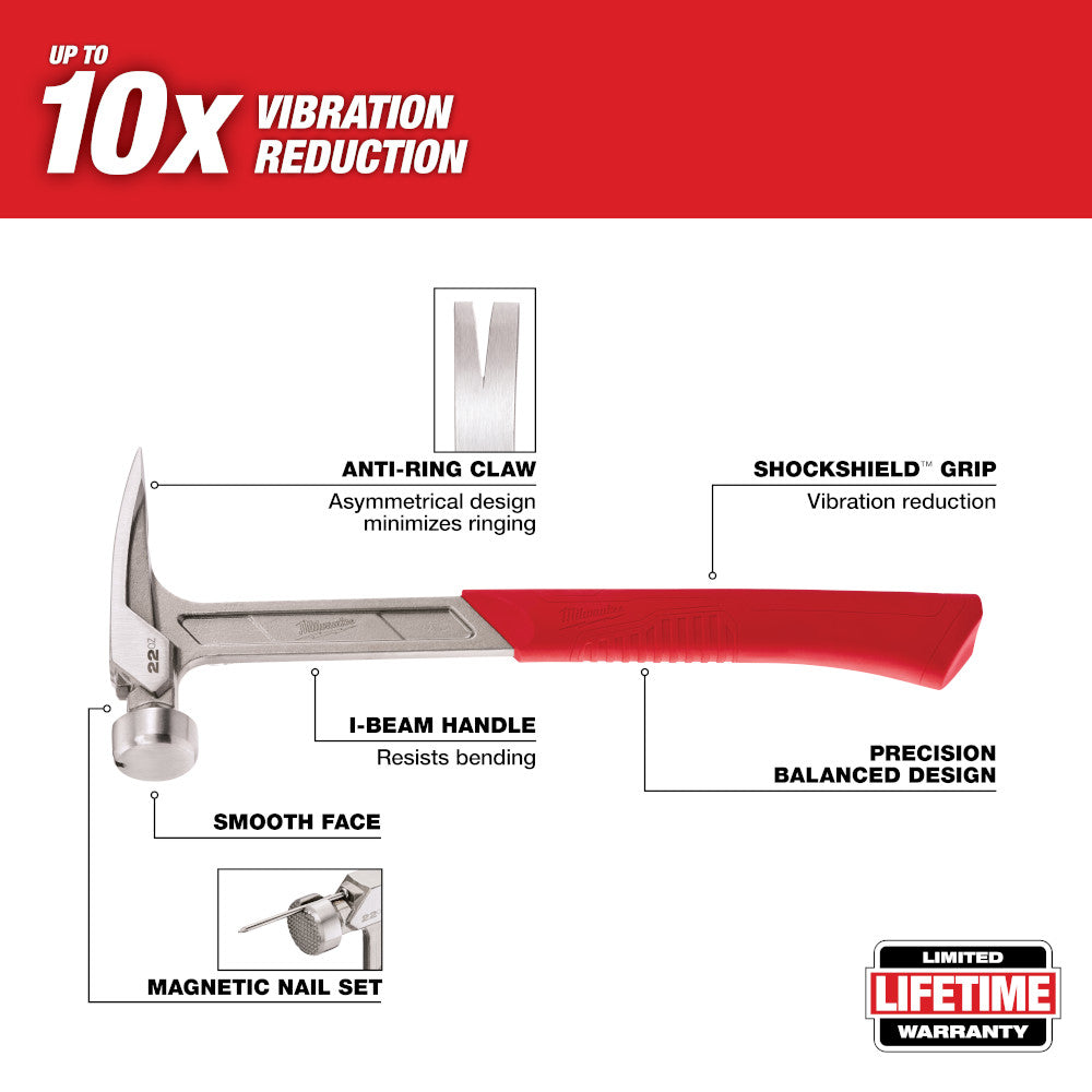 Milwaukee 22 oz framing hammer with smooth face, anti-ring claw, I-beam handle, red grip, and magnetic nail set.