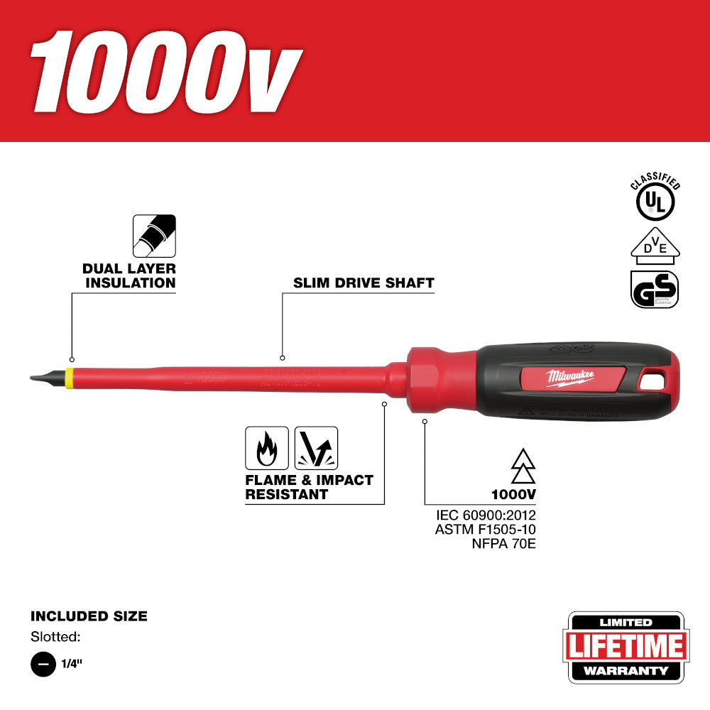 Milwaukee 1000V insulated screwdriver with red shaft, black handle, 1/4 inch slotted tip, dual layer insulation.