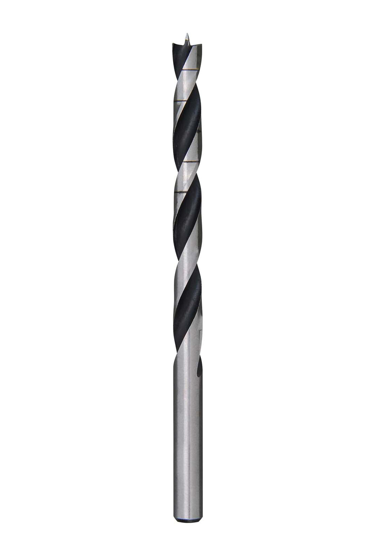 Brad point drill bit with sharp tip, black and silver twisted flutes, and cylindrical shank.