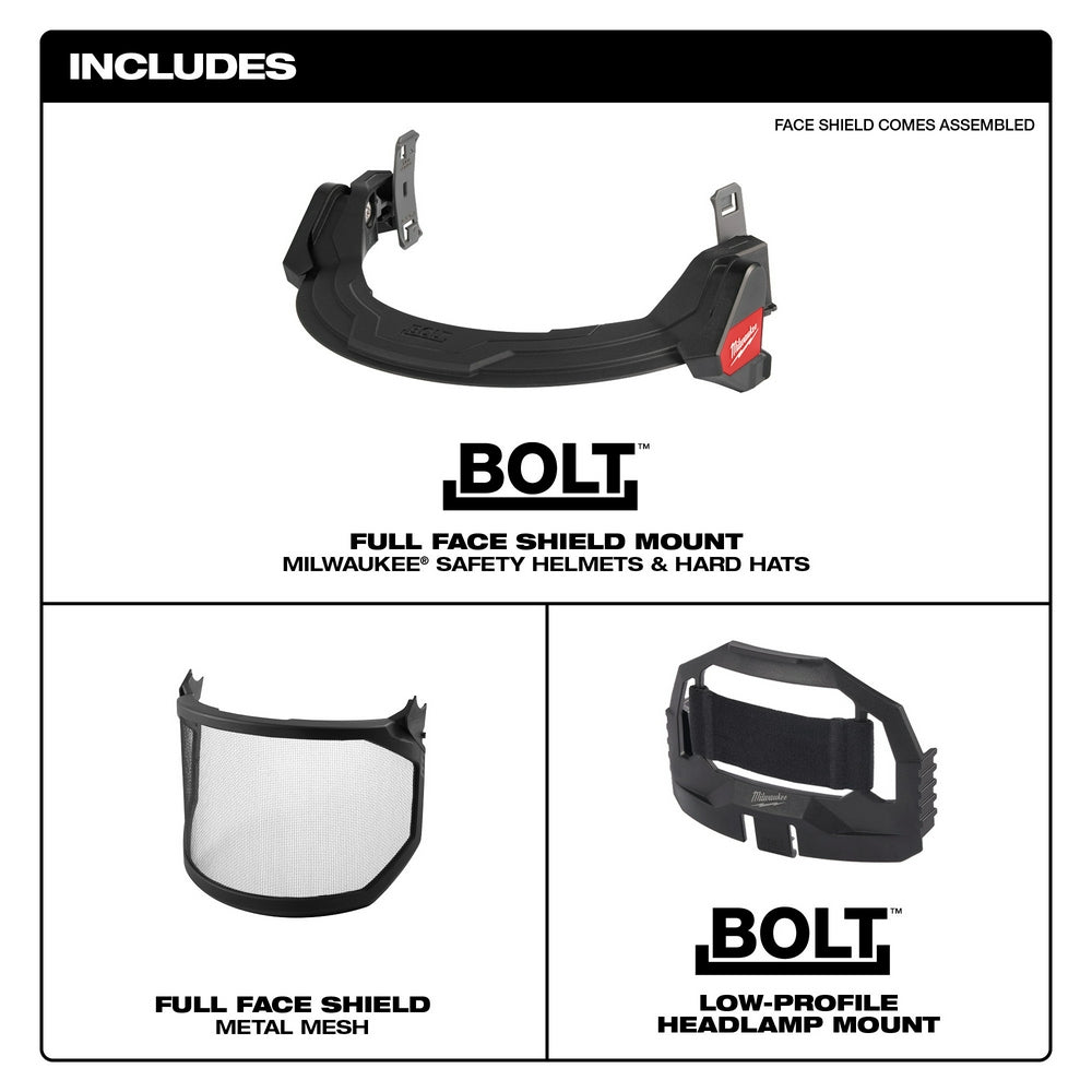 Black curved mounting bracket with metal mesh face shield and low-profile headlamp mount attachment for safety helmets.