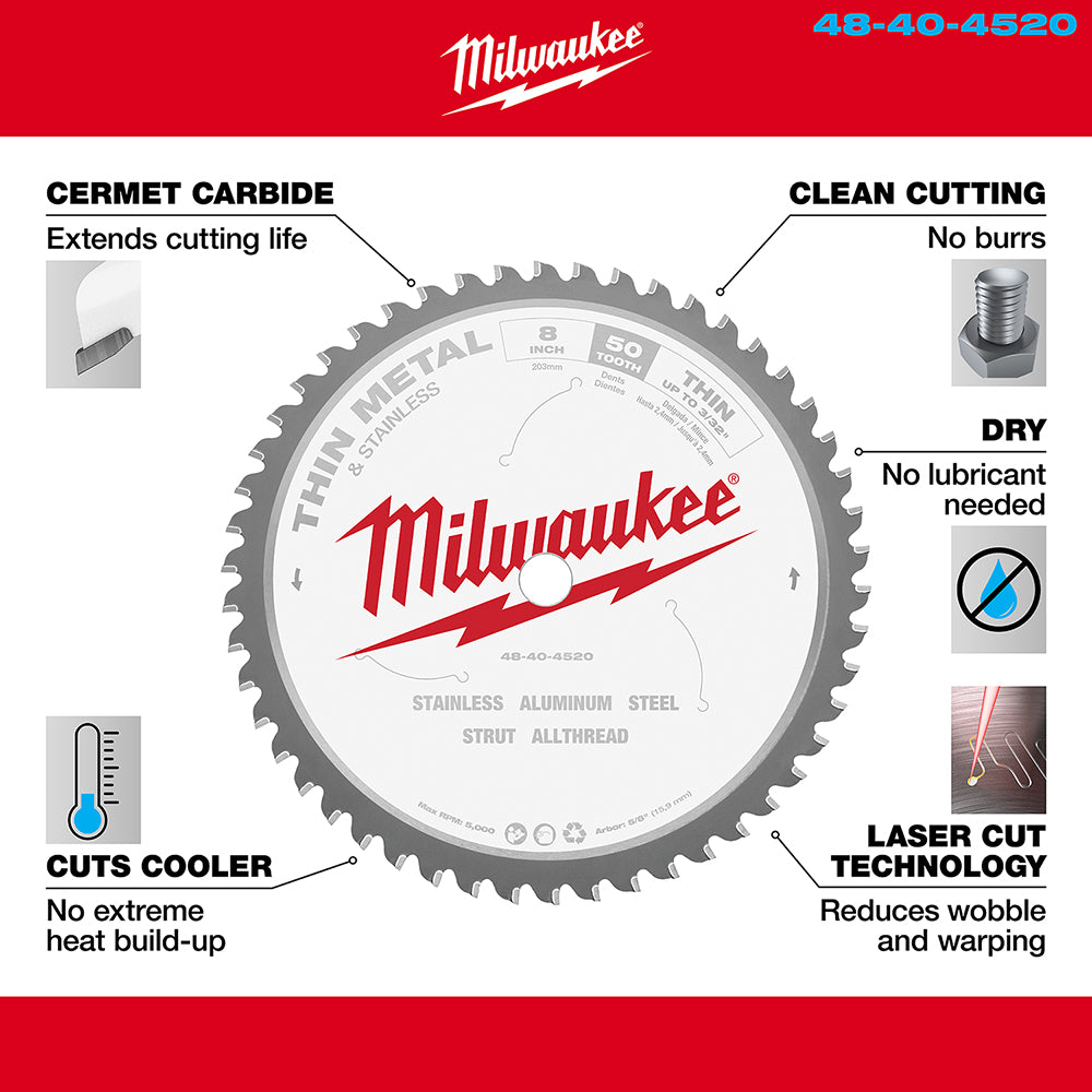 Milwaukee 8-inch circular saw blade with 50 cermet carbide teeth for dry cutting stainless steel and aluminum.