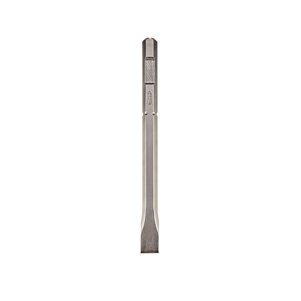 Gray metal flat chisel with wide blade, hexagonal shaft, and rounded striking head.