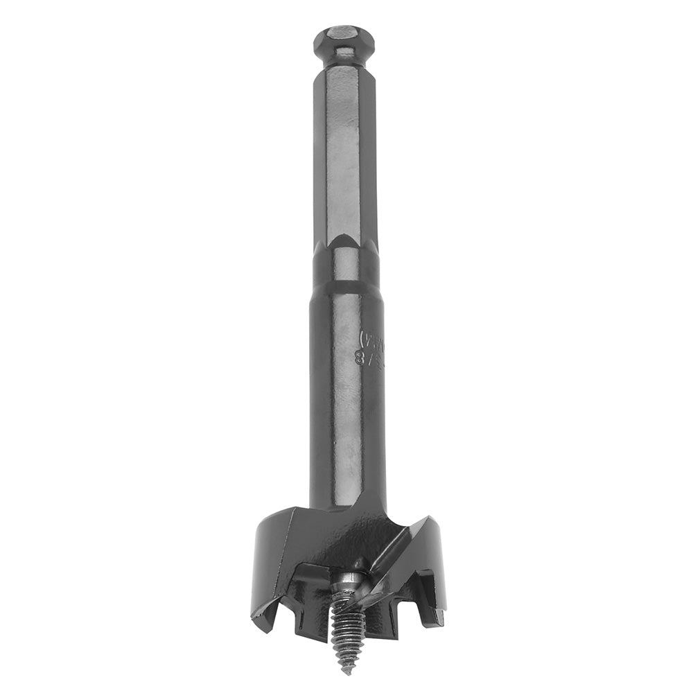 Black metal self-feed wood drilling bit with wide cutting head and center screw point on cylindrical shaft.