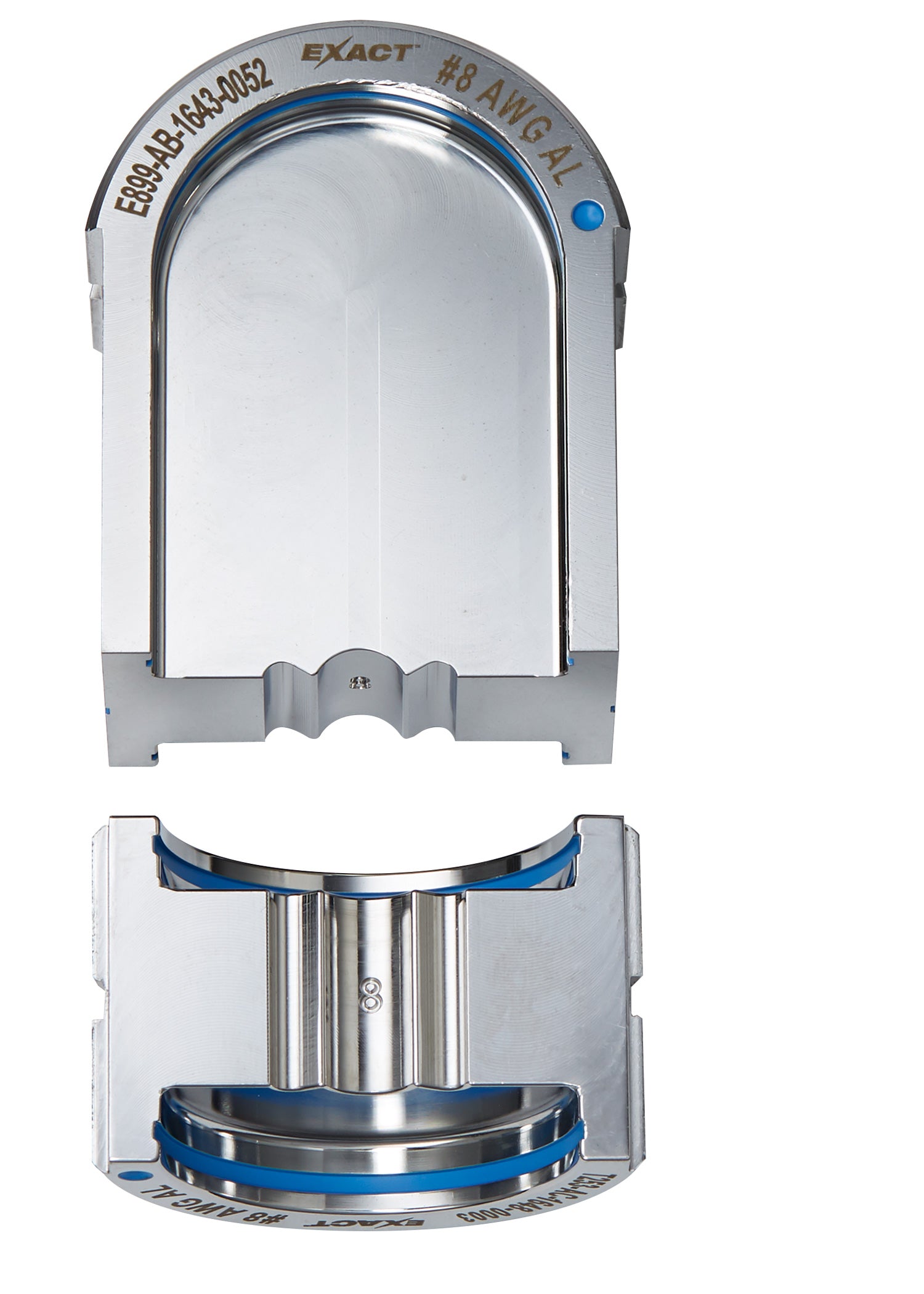 Milwaukee EXACT #8 aluminum U-style die with gray housing, blue accents, and curved cutting surfaces shown from top and botto