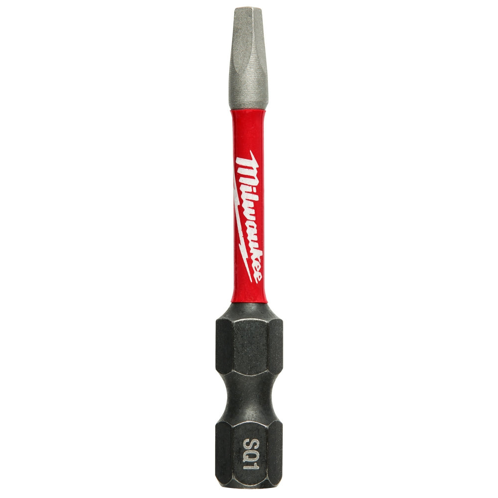 Milwaukee Shockwave SQ1 impact driver bit with red sleeve, gray steel tip, and black hex shank.