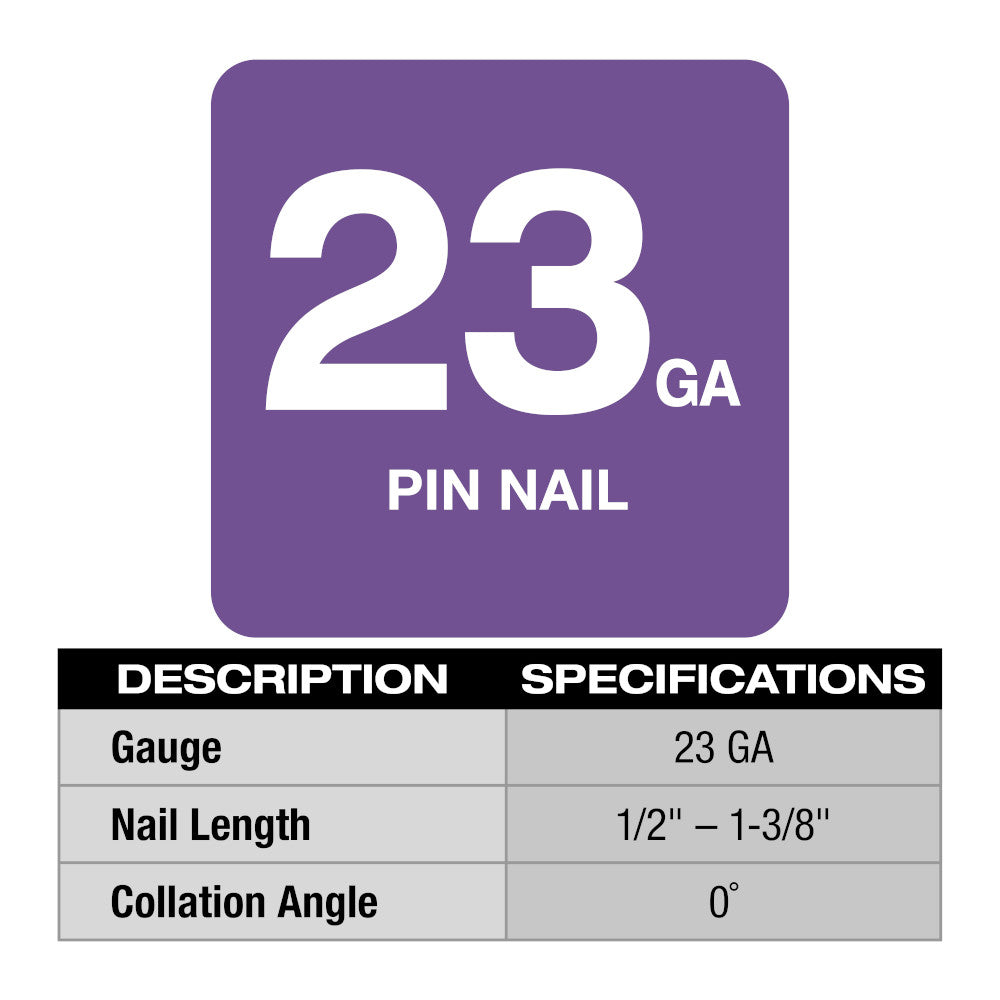 Purple square label showing "23 GA PIN NAIL" with specifications table listing gauge, nail length, and collation angle.