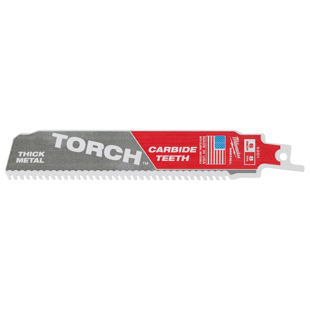 Three Milwaukee THE TORCH reciprocating saw blades with carbide teeth and thick metal construction.