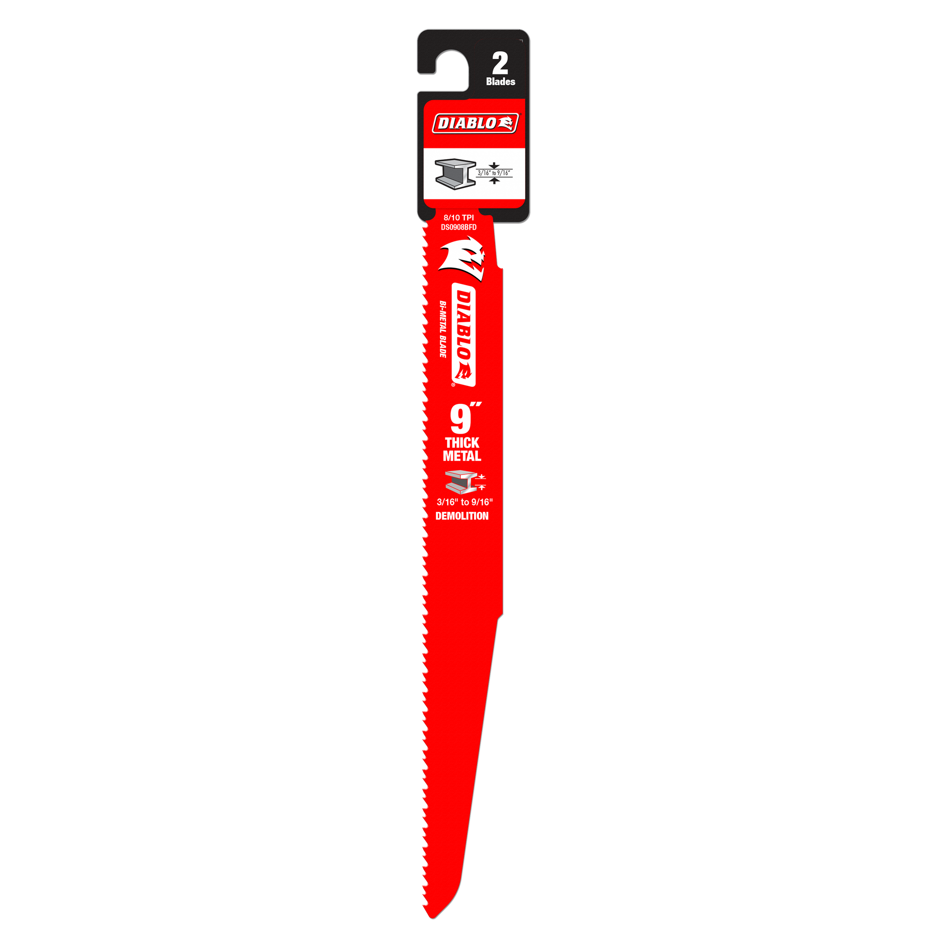 Two Diablo 9-inch bi-metal reciprocating saw blades with red coating and serrated cutting edge for metal cutting.