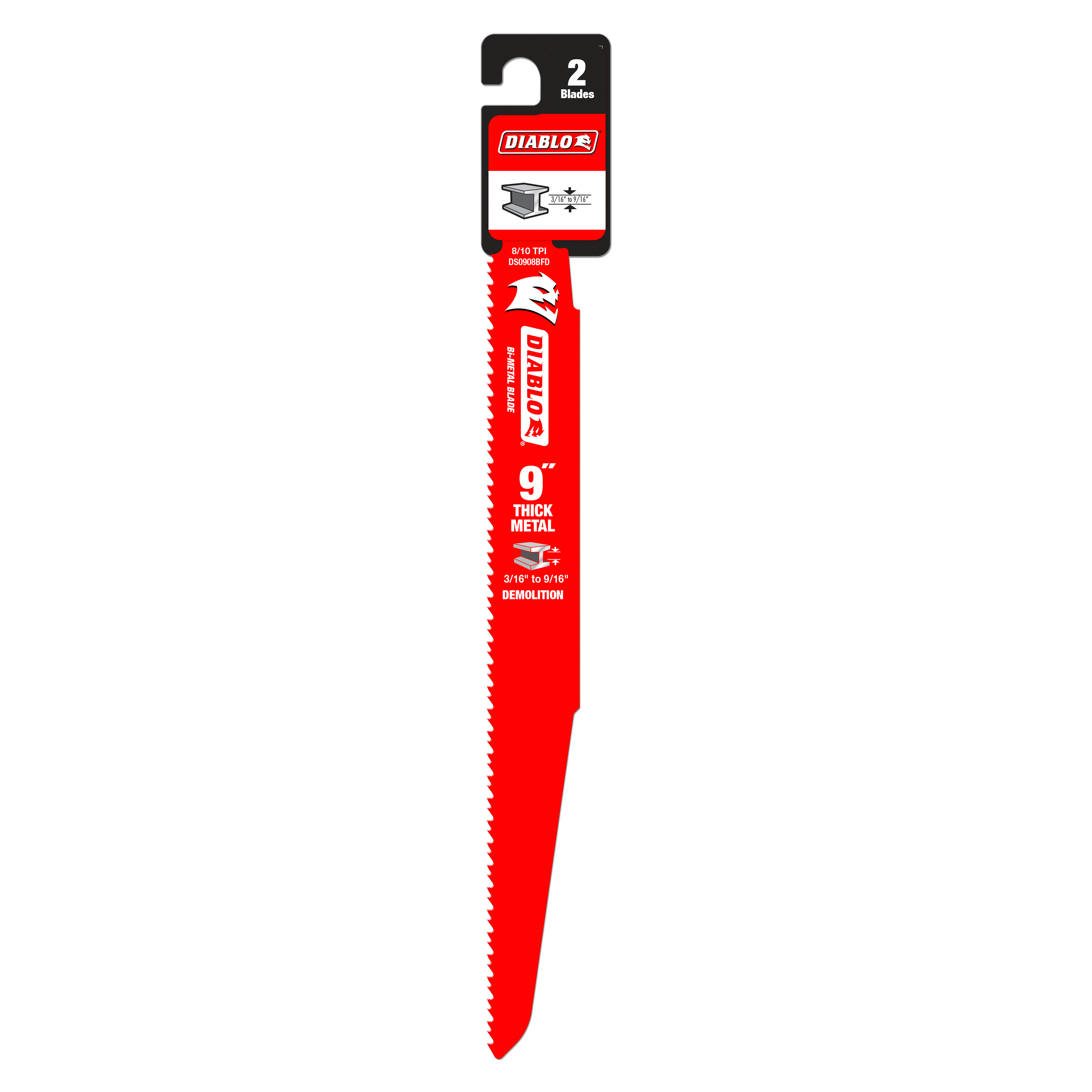Two Diablo 9-inch bi-metal reciprocating saw blades with red coating and serrated cutting edge for metal cutting.