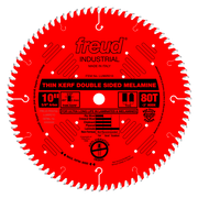 Red circular saw blade with white teeth, Freud branding, 10-inch diameter, 80-tooth count, thin kerf design for melamine cutt