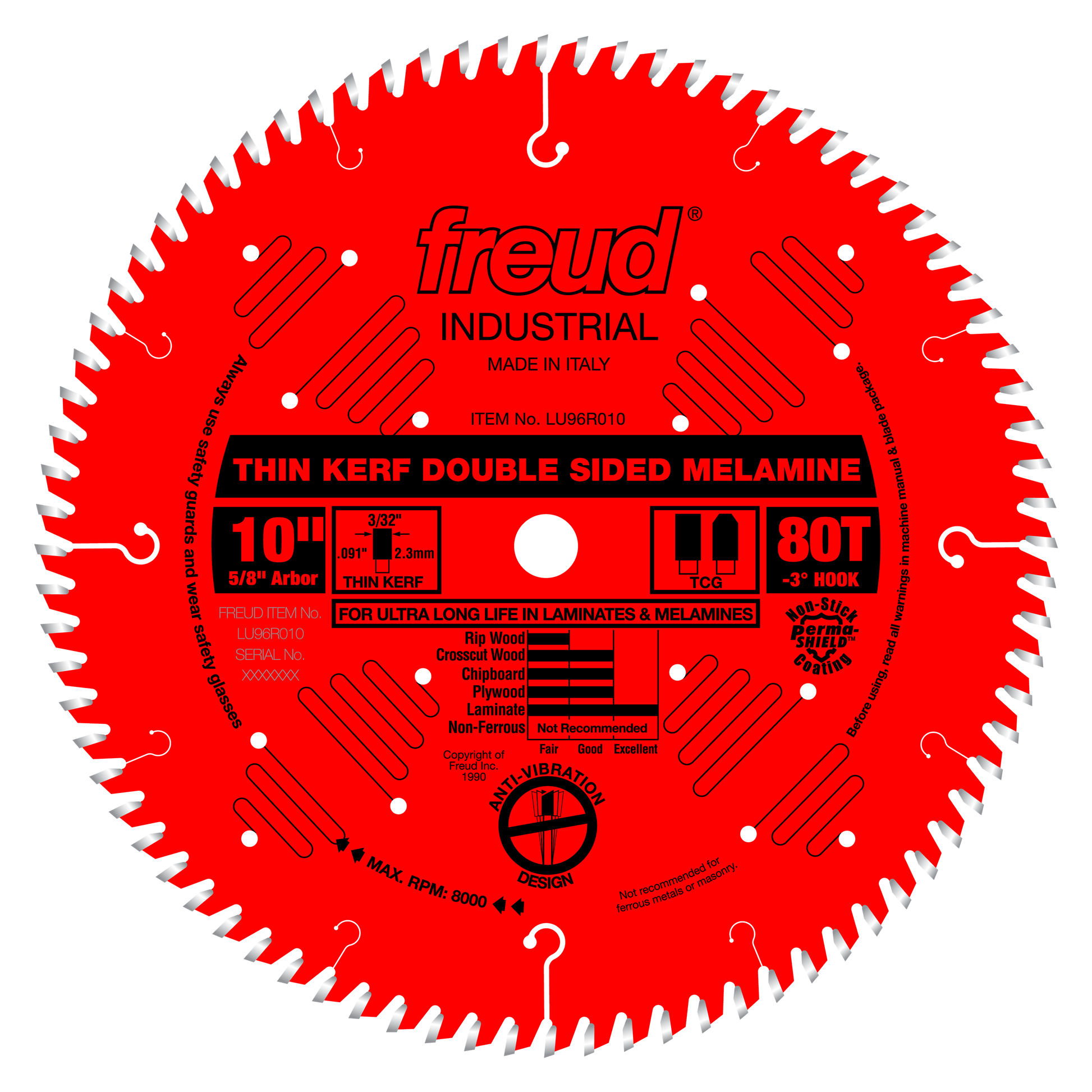 Red circular saw blade with white teeth, Freud branding, 10-inch diameter, 80-tooth count, thin kerf design for melamine cutt