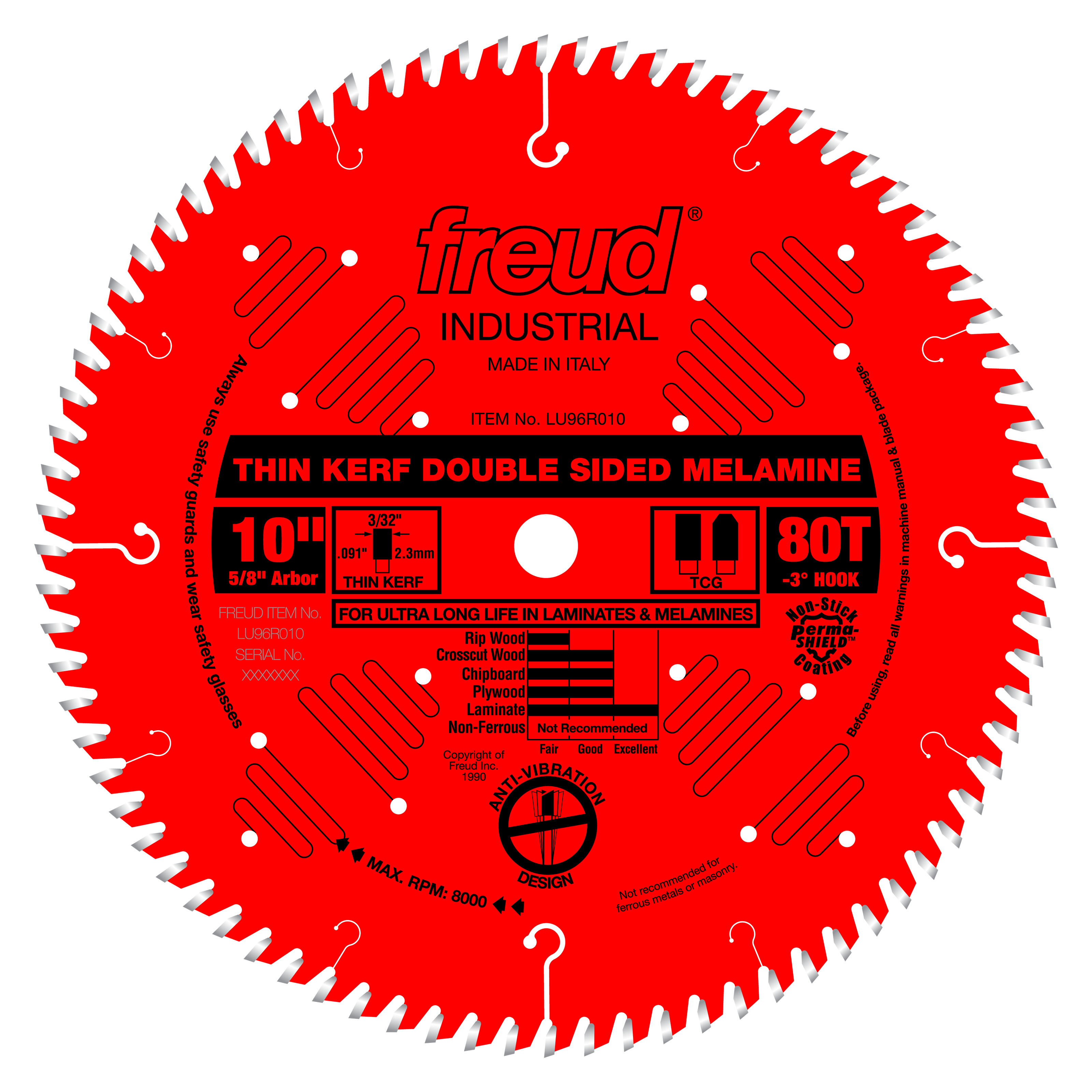 Red circular saw blade with white teeth, Freud branding, 10-inch diameter, 80-tooth count, thin kerf design for melamine cutt