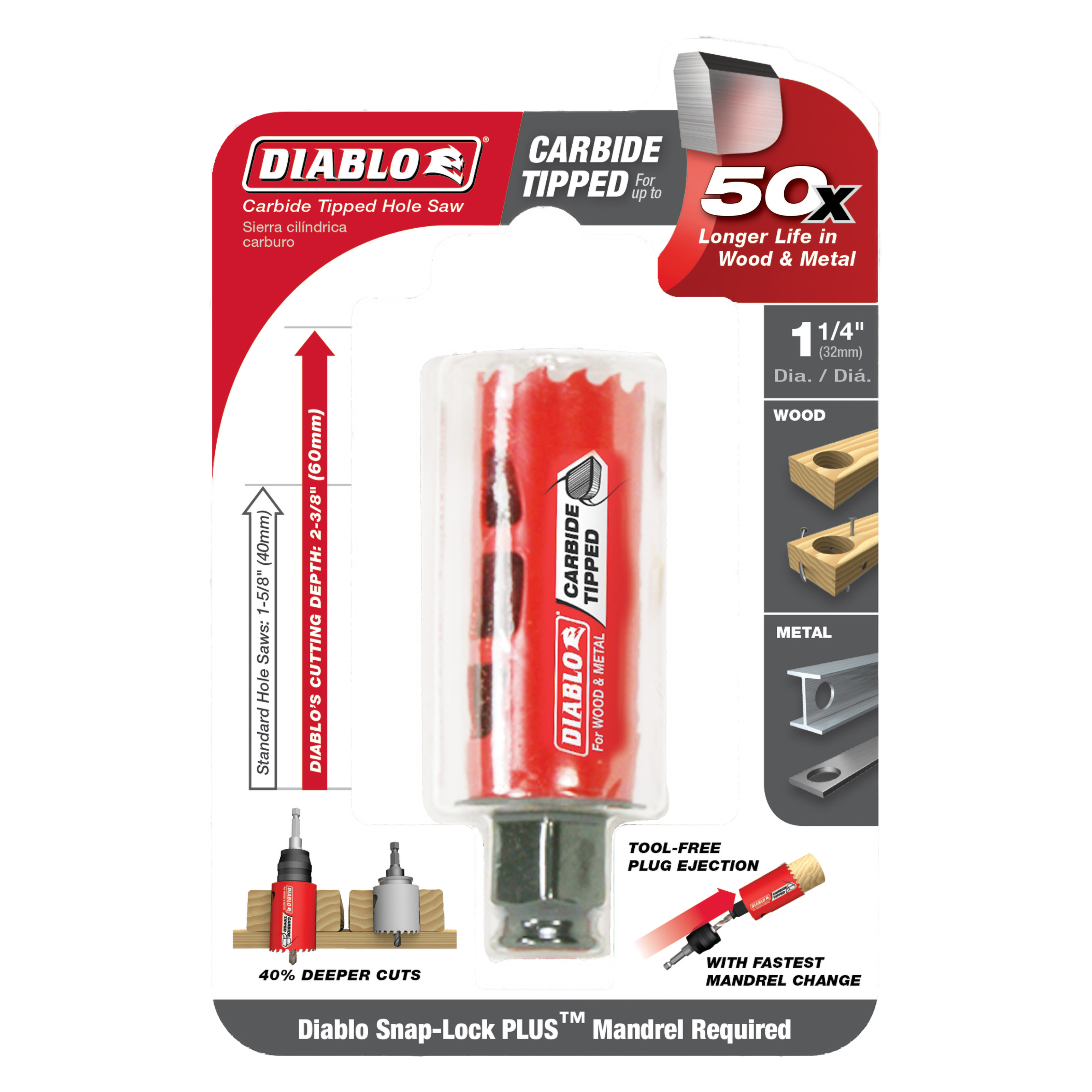 Diablo 1-1/4 inch carbide-tipped holesaw with red plastic casing and metal cutting head shown in packaging.