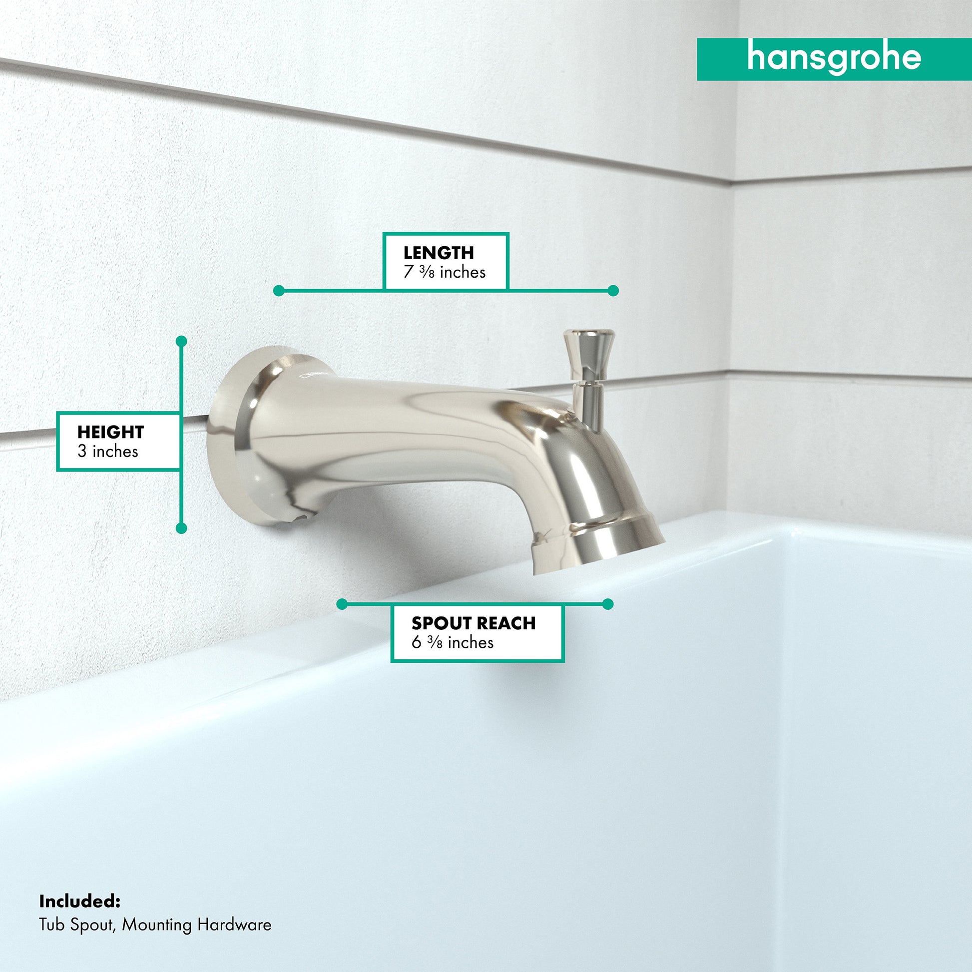 Polished nickel tub spout with diverter and curved outlet, mounted on white tile wall above bathtub.