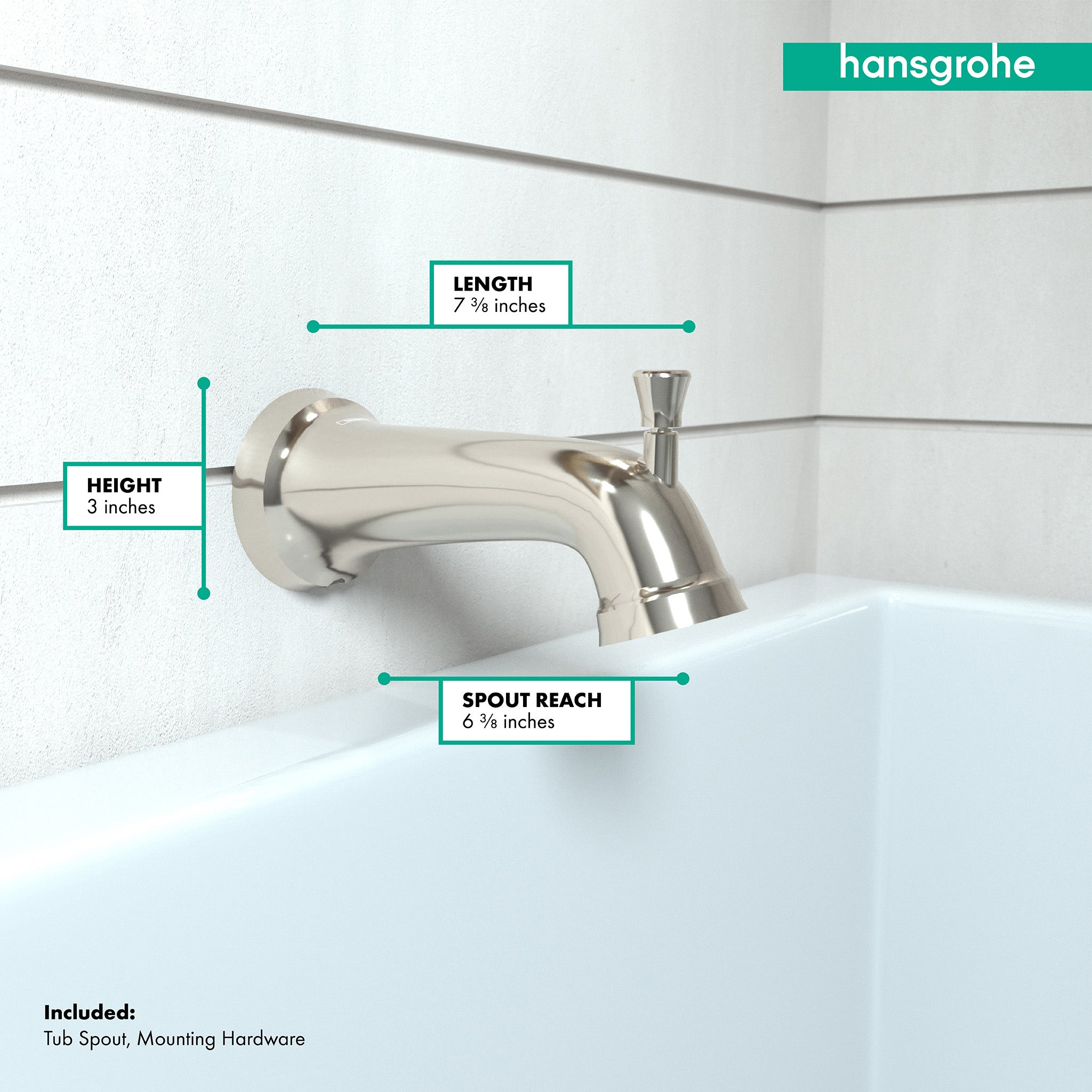Polished nickel tub spout with diverter and curved outlet, mounted on white tile wall above bathtub.
