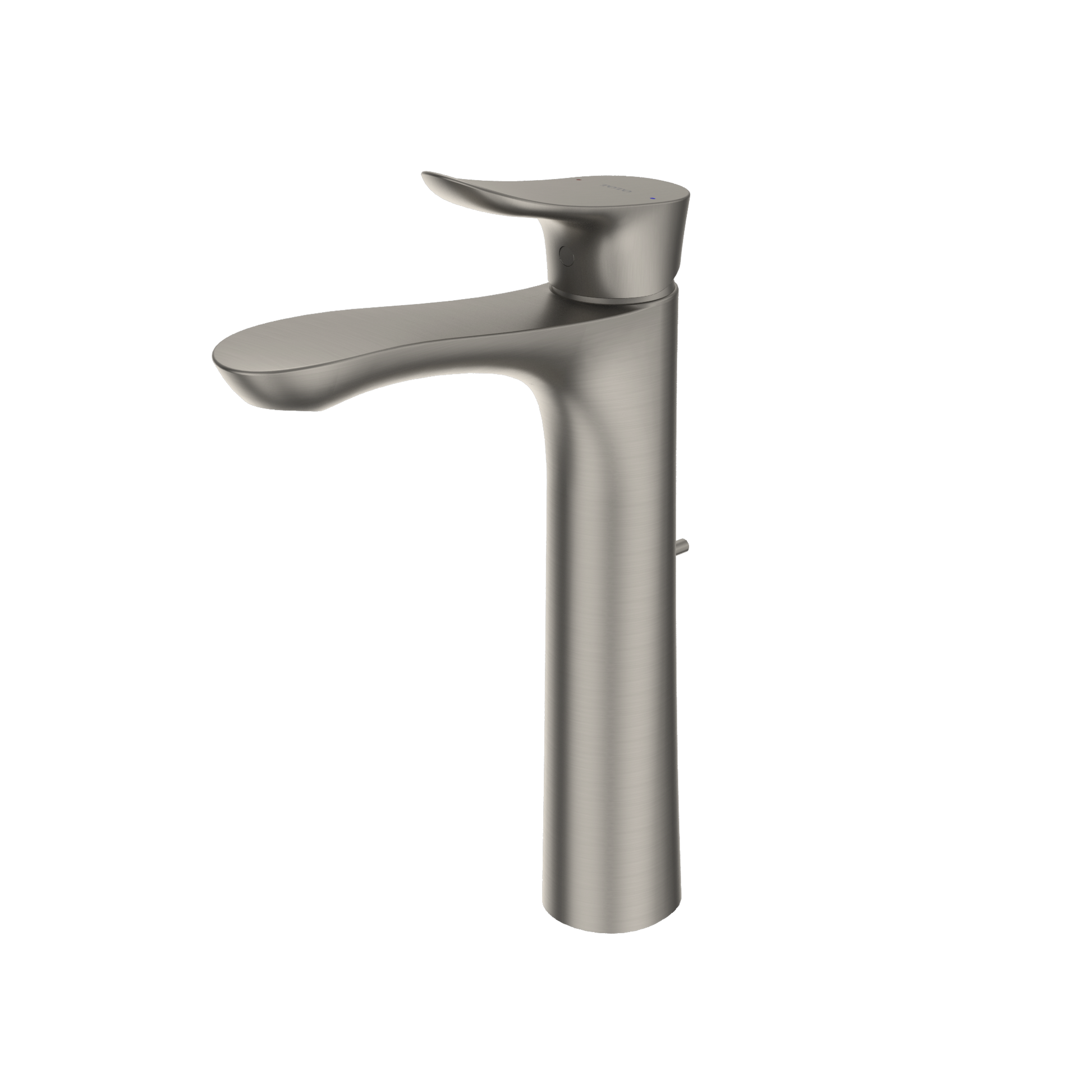 Brushed nickel single-handle vessel bathroom sink faucet with curved spout and tall cylindrical body.