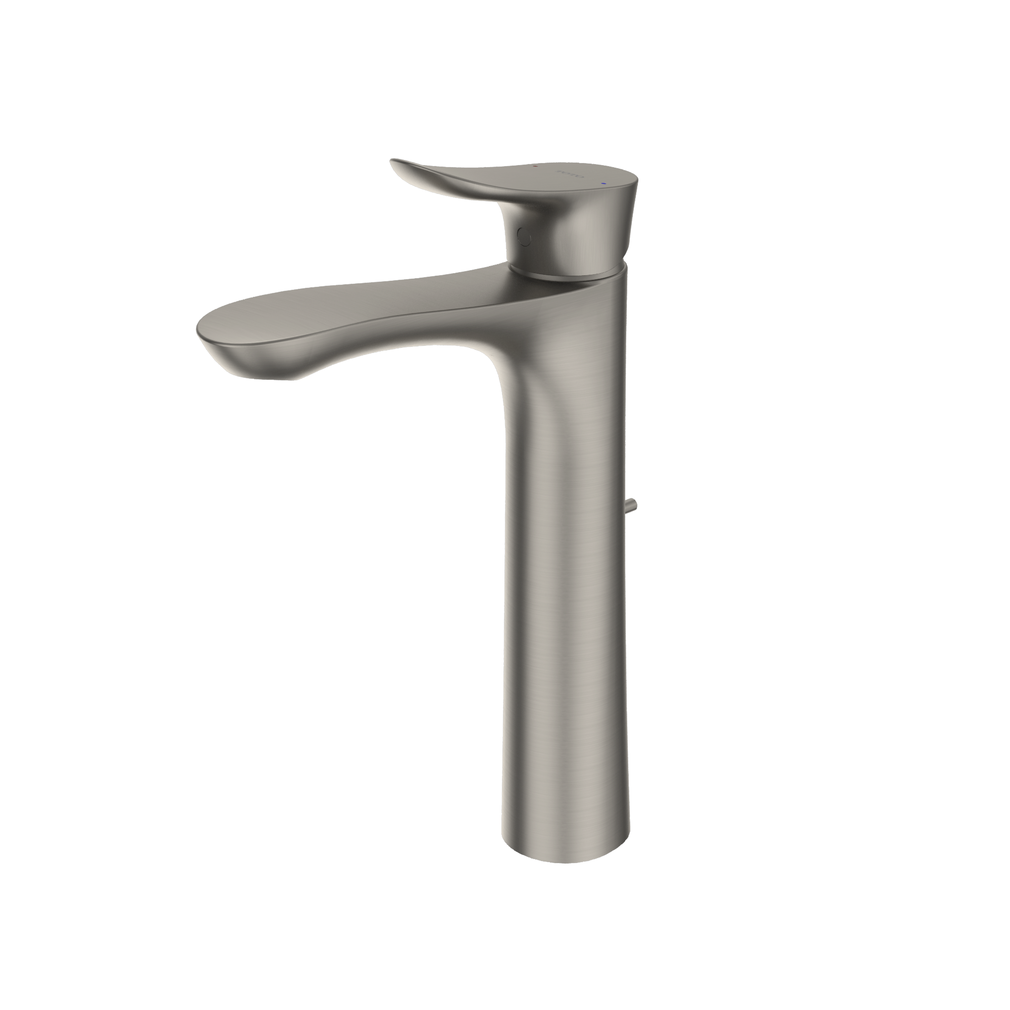 Brushed nickel single-handle vessel bathroom sink faucet with curved spout and tall cylindrical body.