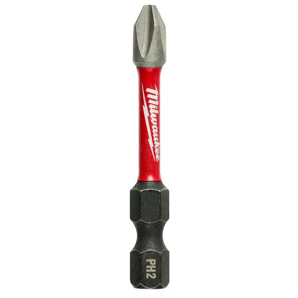 Milwaukee Shockwave Phillips #2 impact power bit with red and black shaft and hexagonal drive end.