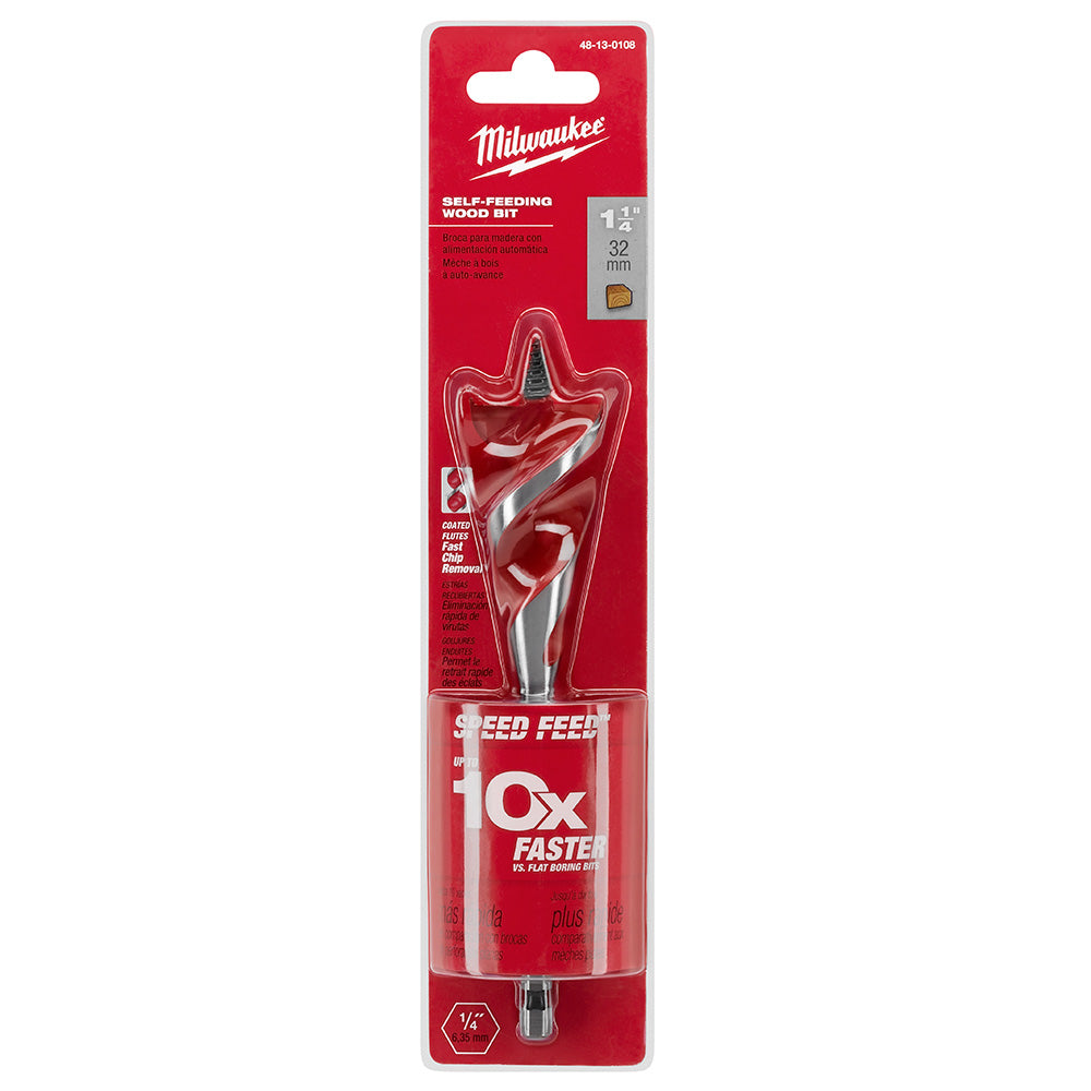 Milwaukee SPEED FEED self-feeding wood auger bit, 1-1/4 inch diameter with spiral flutes, packaged on red card.