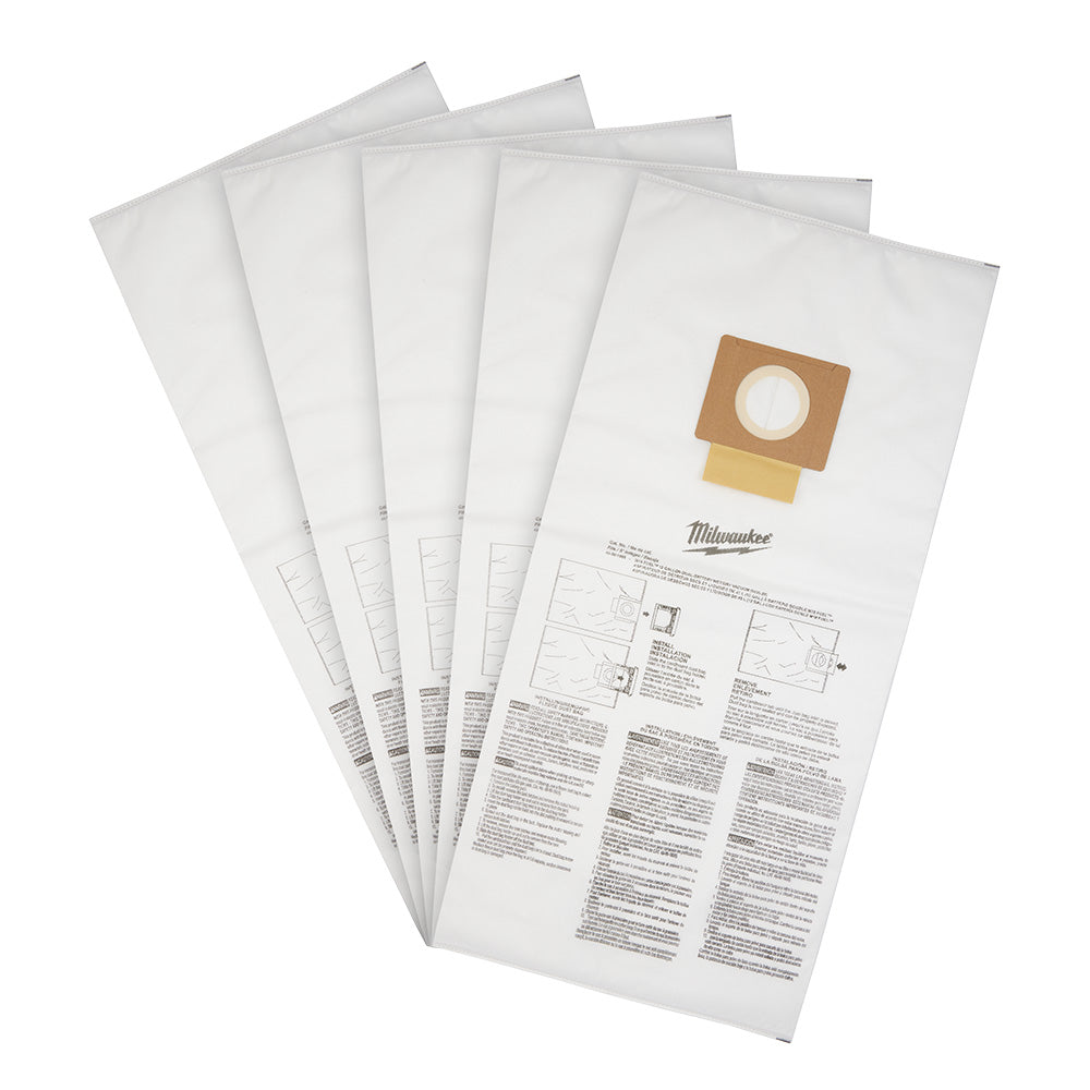 Five white fleece dust bags with brown and yellow filter collar and instruction text printed on lower portion.
