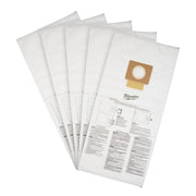 Five white fleece dust bags with brown and yellow filter collar and instruction text printed on lower portion.