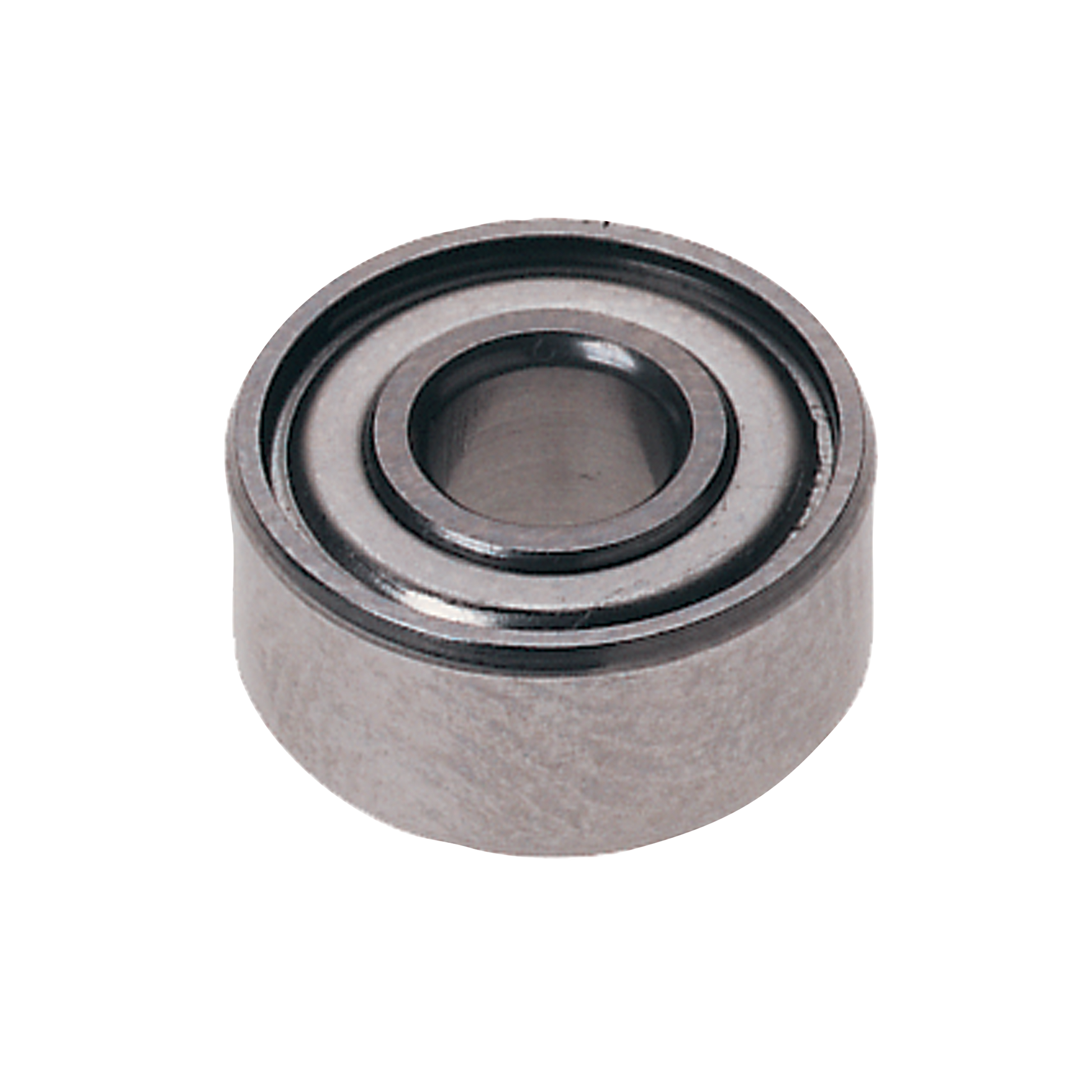 Metal ball bearing with concentric grooves and central hollow opening, shown from top angle.