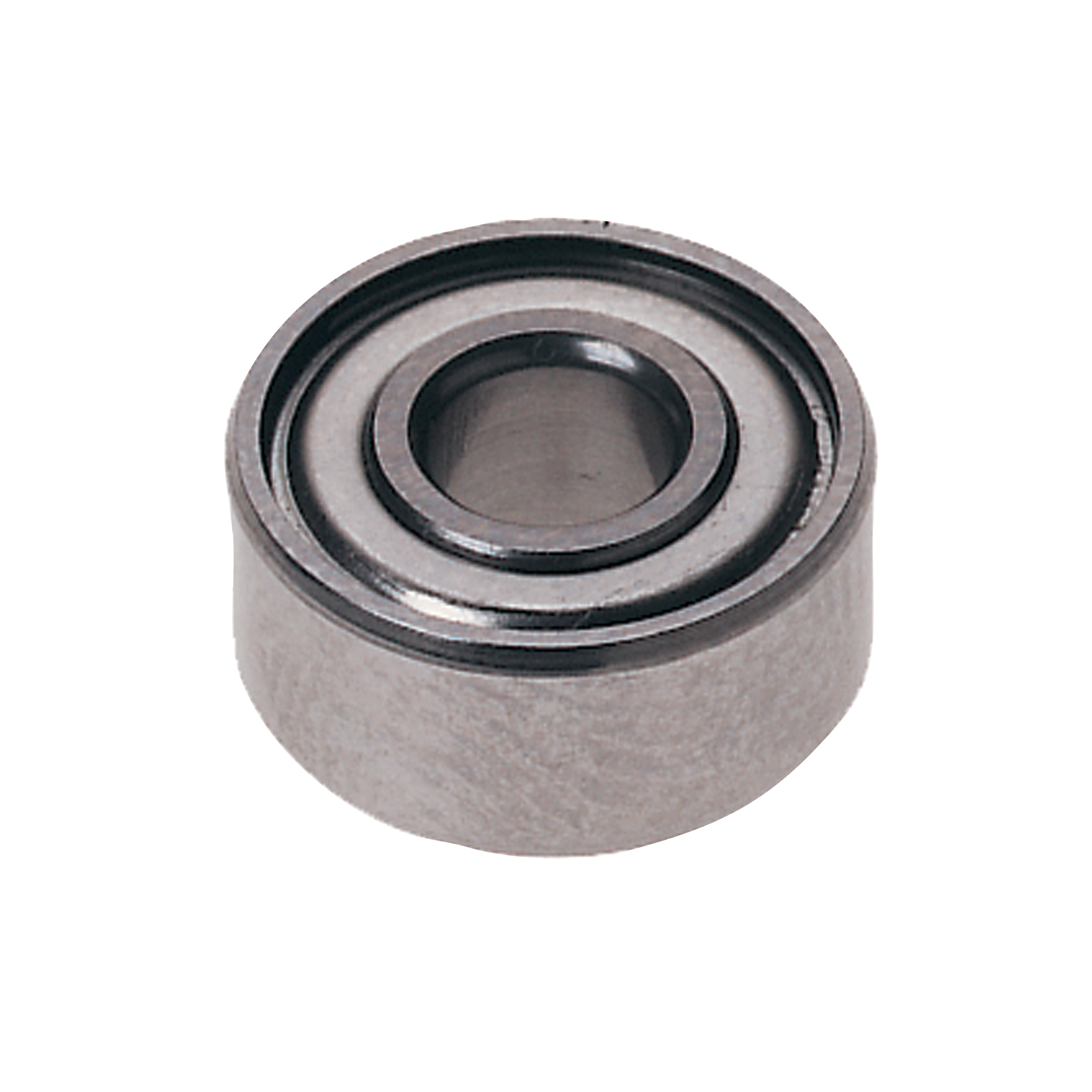 Metal ball bearing with concentric grooves and central hollow opening, shown from top angle.