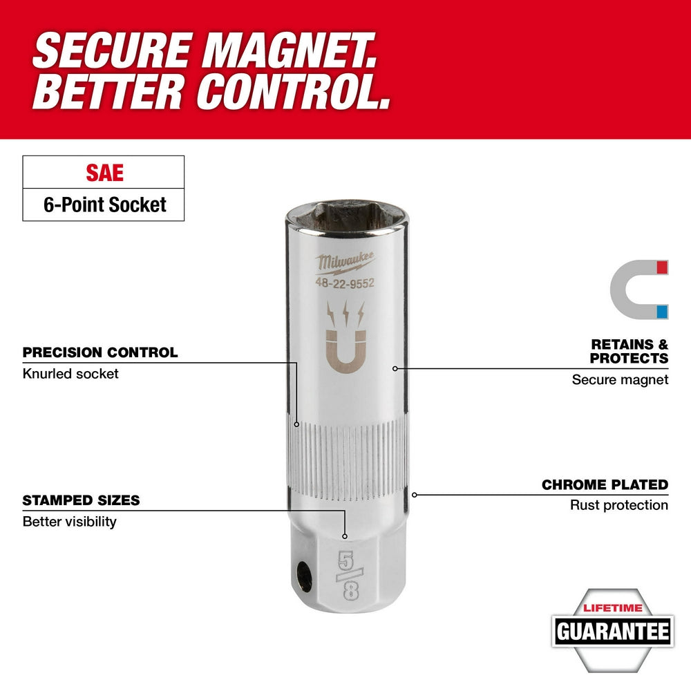 Milwaukee 3/8" drive 13/16" magnetic spark plug socket with 6-point knurled grip and chrome-plated finish.