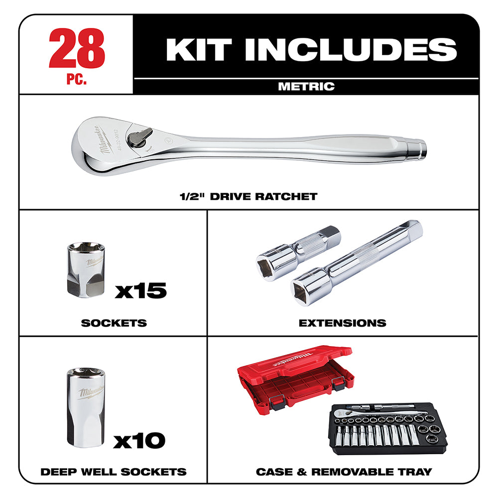 28-piece metric 1/2 in. socket wrench set including ratchet, 15 sockets, 10 deep well sockets, extensions, and red carrying c