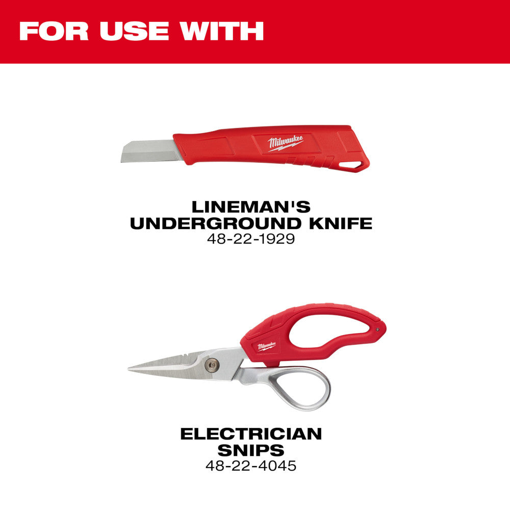 Red Milwaukee cable splicer's sheath with gray metal blade and ergonomic handle design.