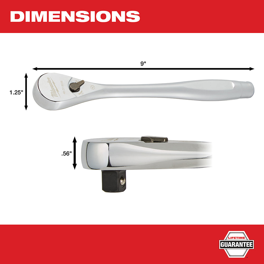 Milwaukee 3/8 inch drive ratchet with chrome finish, 9 inches long with square drive socket attachment.