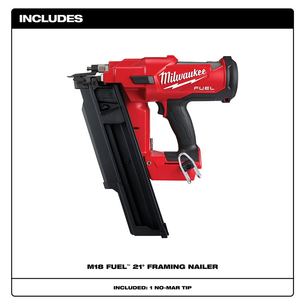 Red and black Milwaukee M18 FUEL 21-degree framing nailer with black grip and extended magazine.