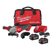 Milwaukee M18 FUEL angle grinder with paddle switch, two batteries, charger, guard, and red carrying bag.