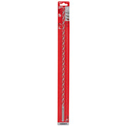 Milwaukee carbide hammer drill bit with spiral flutes in red packaging on white background.