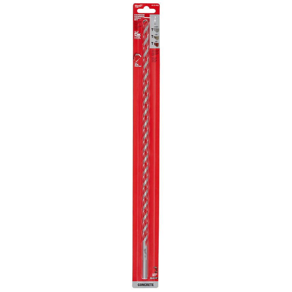 Milwaukee carbide hammer drill bit with spiral flutes in red packaging on white background.
