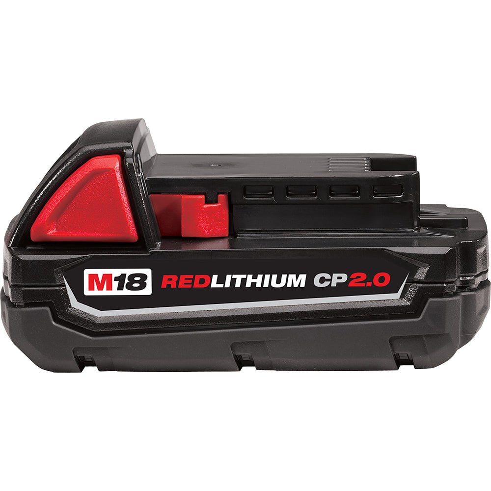 Milwaukee M18 REDLITHIUM CP2.0 compact battery pack with red and black housing and status indicator.