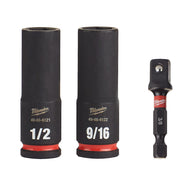 Three Milwaukee black deep sockets with red bands: 1/2" and 9/16" cylinders and 3/8" bit adapter.